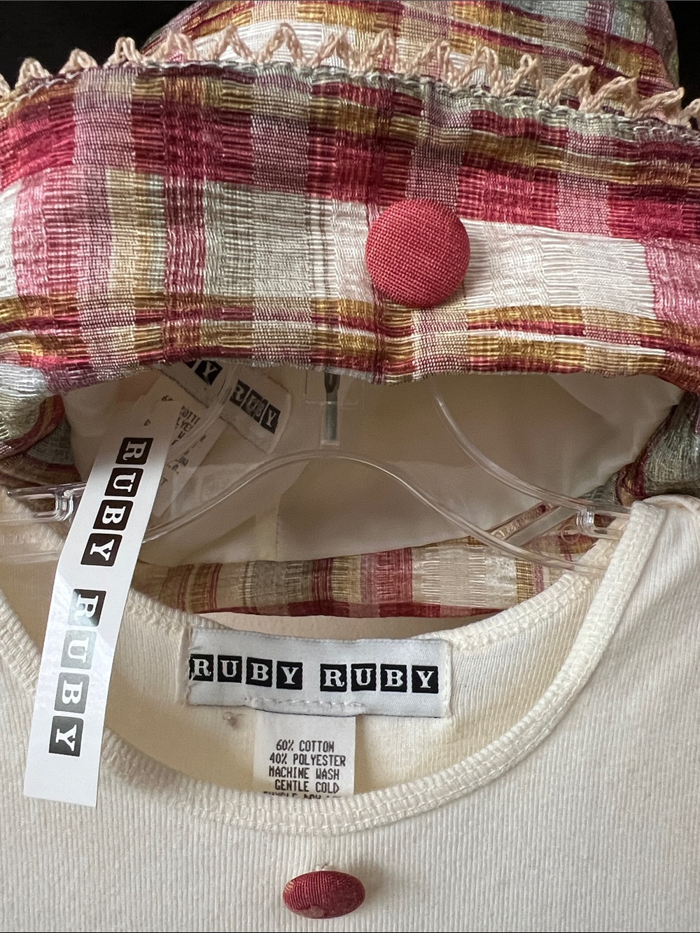Vintage Neutral Cream Top with Red Plaid Skirt Dress and Matching Hat 24M - Picture 4 of 12